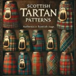 Display of Scottish tartan pattern kilts in vibrant clan colors against a rustic background